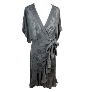 Lovestitch Women's Black Floral Jacquard Wrap Midi Dress Ruffle Hem Medium‎